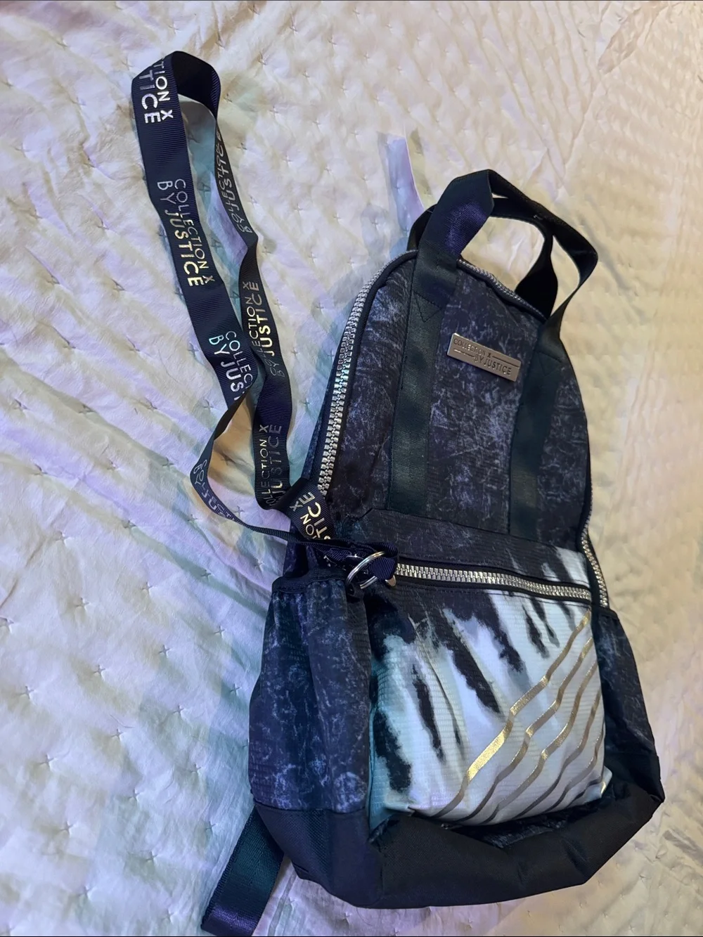 Girls Justice Black Backpack with Silver Metallic Striped Front Pocket